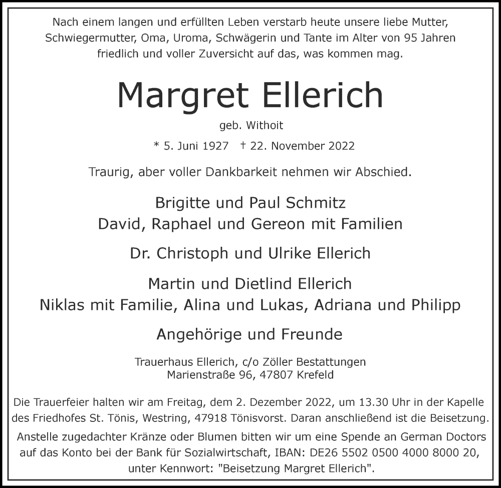 Traueranzeige für Margret Ellerich vom 26.11.2022 aus Rheinische Post