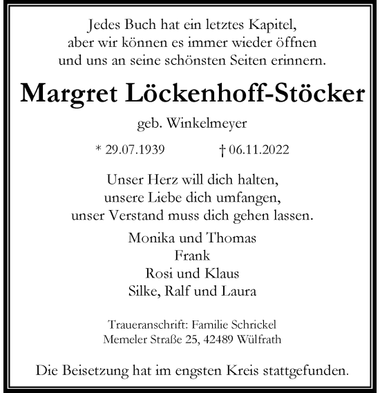 Traueranzeige von Margret Löckenhoff-Stöcker von Rheinische Post