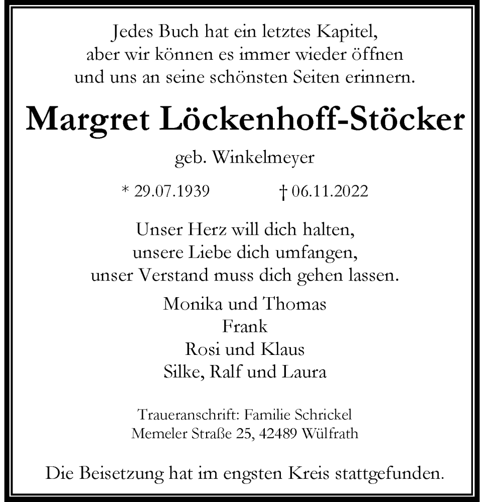  Traueranzeige für Margret Löckenhoff-Stöcker vom 26.11.2022 aus Rheinische Post
