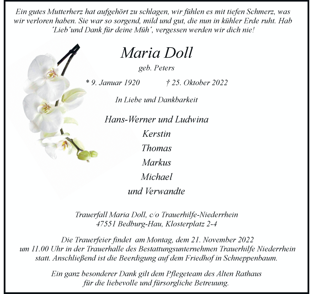  Traueranzeige für Maria Doll vom 05.11.2022 aus Rheinische Post
