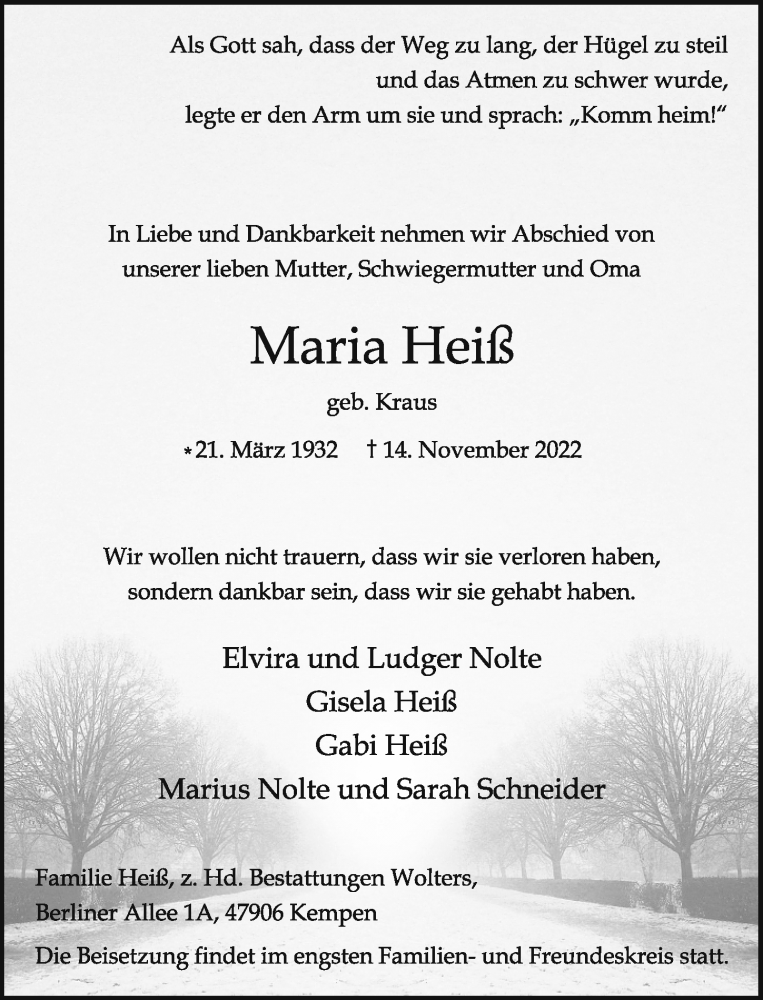  Traueranzeige für Maria Heiß vom 19.11.2022 aus Rheinische Post
