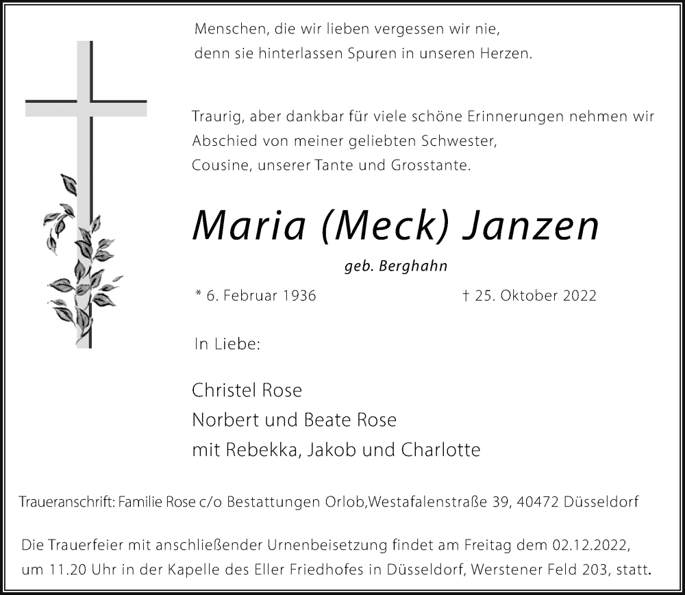 Traueranzeige für Maria Janzen vom 26.11.2022 aus Rheinische Post