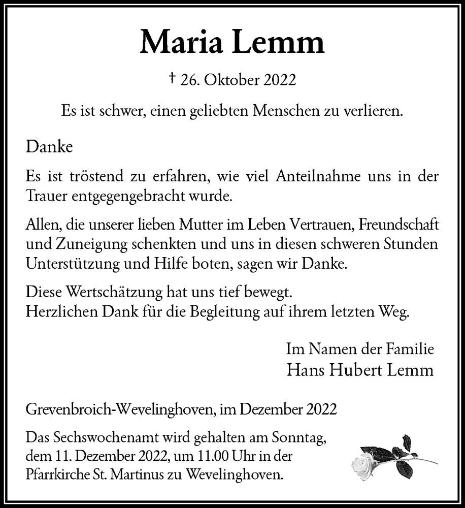  Traueranzeige für Maria Lemm vom 03.12.2022 aus Rheinische Post