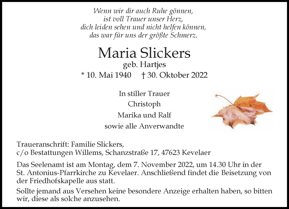  Traueranzeige für Maria Slickers vom 04.11.2022 aus Rheinische Post