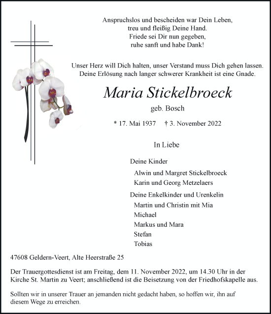 Traueranzeige von Maria Stickelbroeck von Rheinische Post