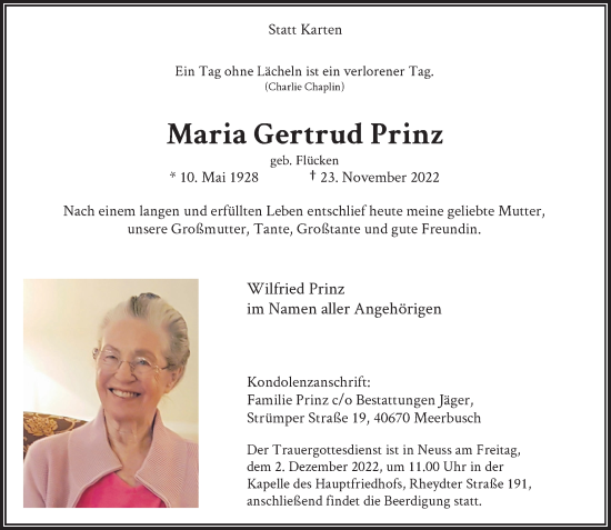 Traueranzeige von Maria Gertrud Prinz von Rheinische Post