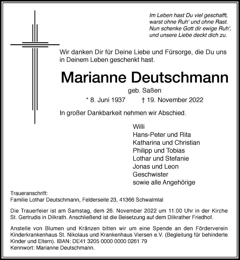  Traueranzeige für Marianne Deutschmann vom 23.11.2022 aus Rheinische Post