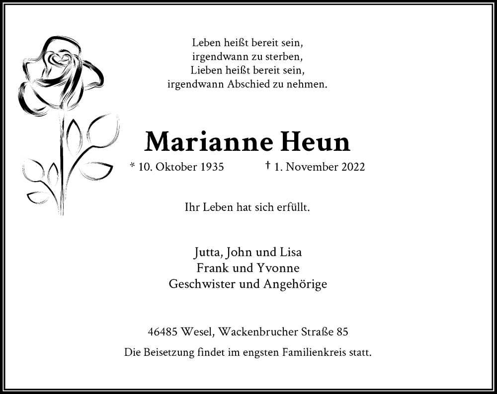 Traueranzeige für Marianne Heun vom 05.11.2022 aus Rheinische Post