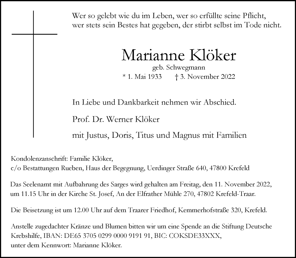  Traueranzeige für Marianne Klöker vom 09.11.2022 aus Rheinische Post