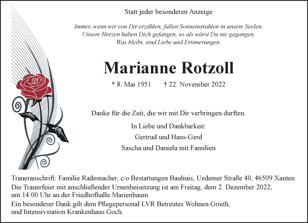  Traueranzeige für Marianne Rotzoll vom 29.11.2022 aus Rheinische Post