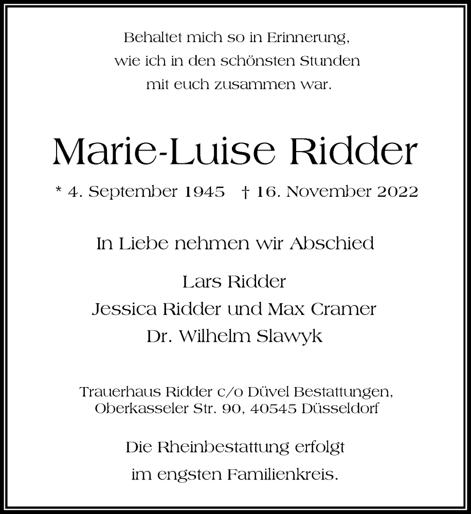  Traueranzeige für Marie-Luise Ridder vom 19.11.2022 aus Rheinische Post