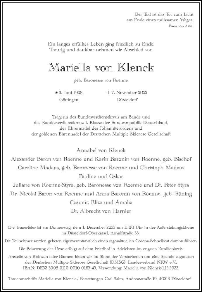  Traueranzeige für Mariella von Klenck vom 19.11.2022 aus Rheinische Post