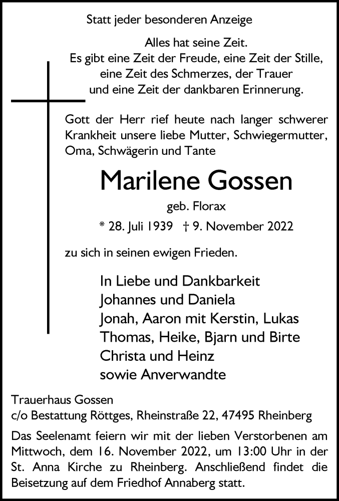 Traueranzeige für Marilene Gossen vom 12.11.2022 aus Rheinische Post