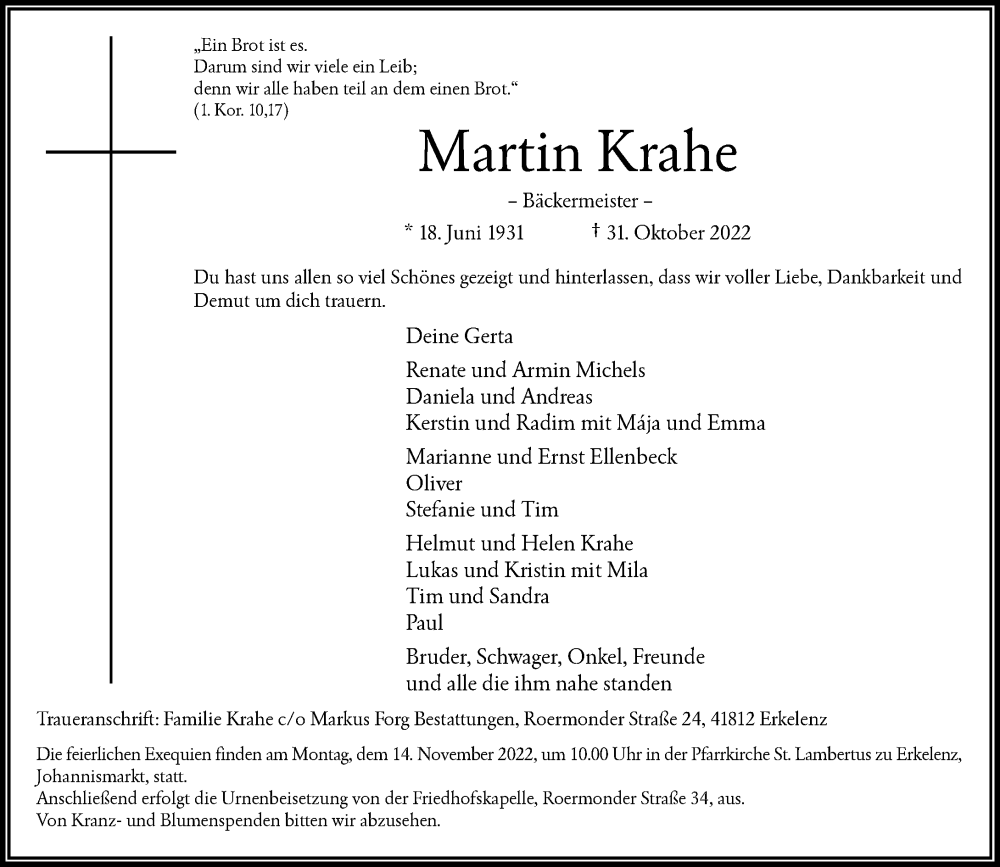  Traueranzeige für Martin Krahe vom 05.11.2022 aus Rheinische Post