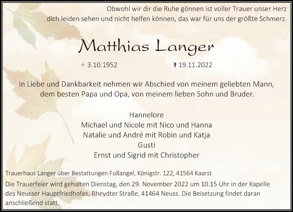  Traueranzeige für Matthias Langer vom 23.11.2022 aus Rheinische Post