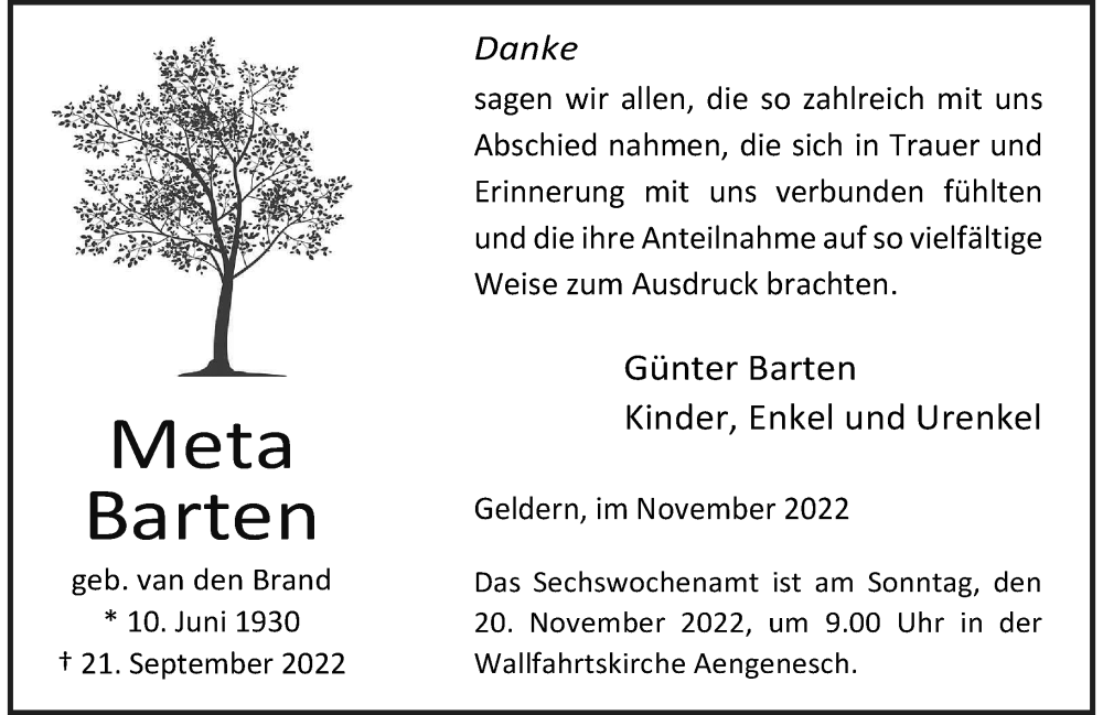  Traueranzeige für Meta Barten vom 05.11.2022 aus Rheinische Post