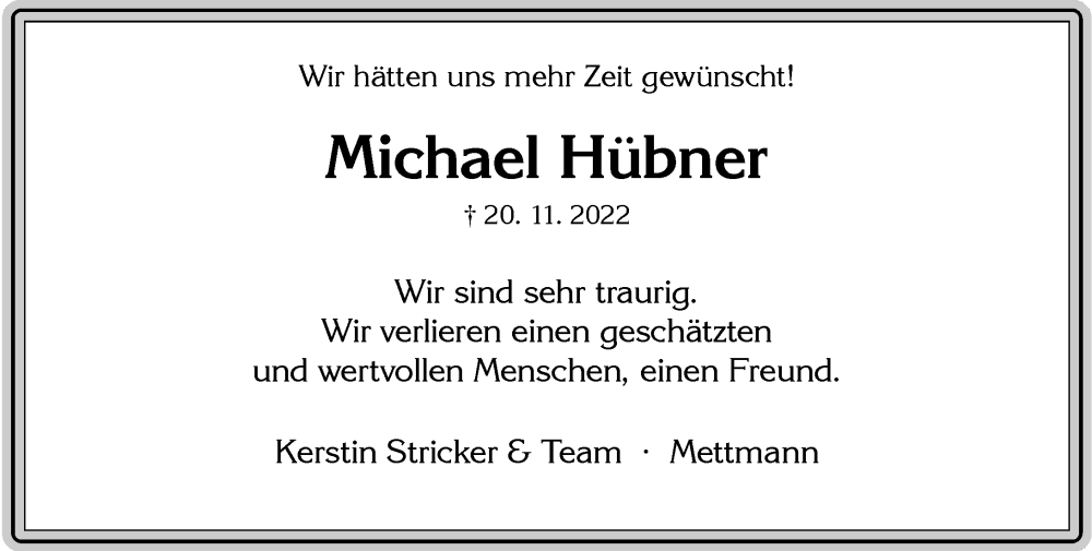  Traueranzeige für Michael Hübner vom 26.11.2022 aus Rheinische Post