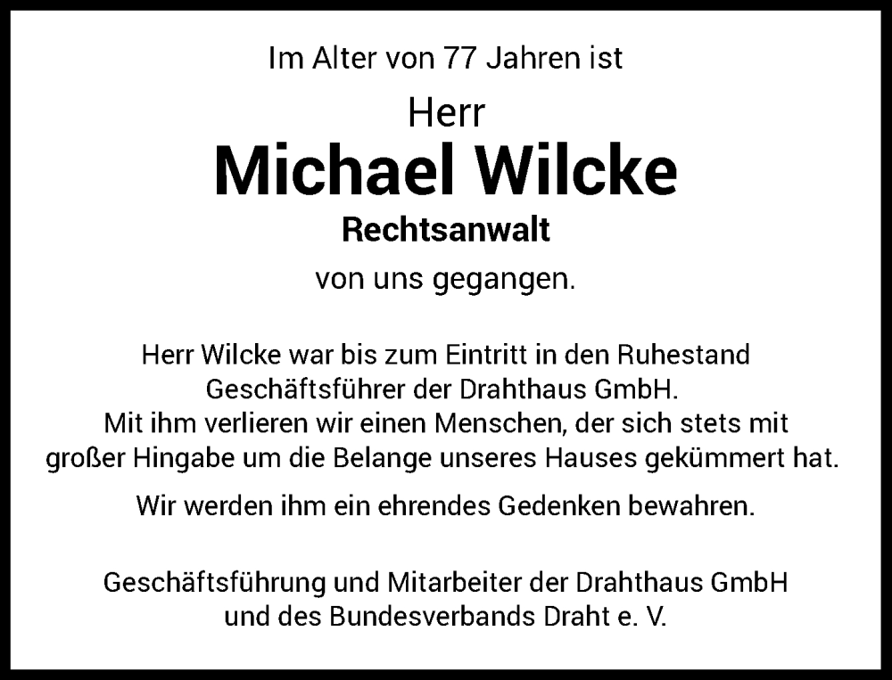  Traueranzeige für Michael Wilcke vom 26.11.2022 aus Rheinische Post
