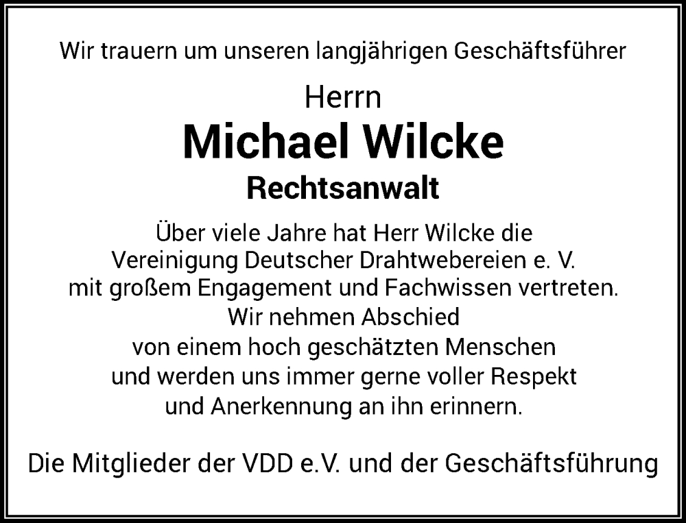  Traueranzeige für Michael Wilcke vom 26.11.2022 aus Rheinische Post