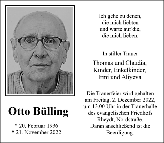 Traueranzeige von Otto Bülling von Rheinische Post