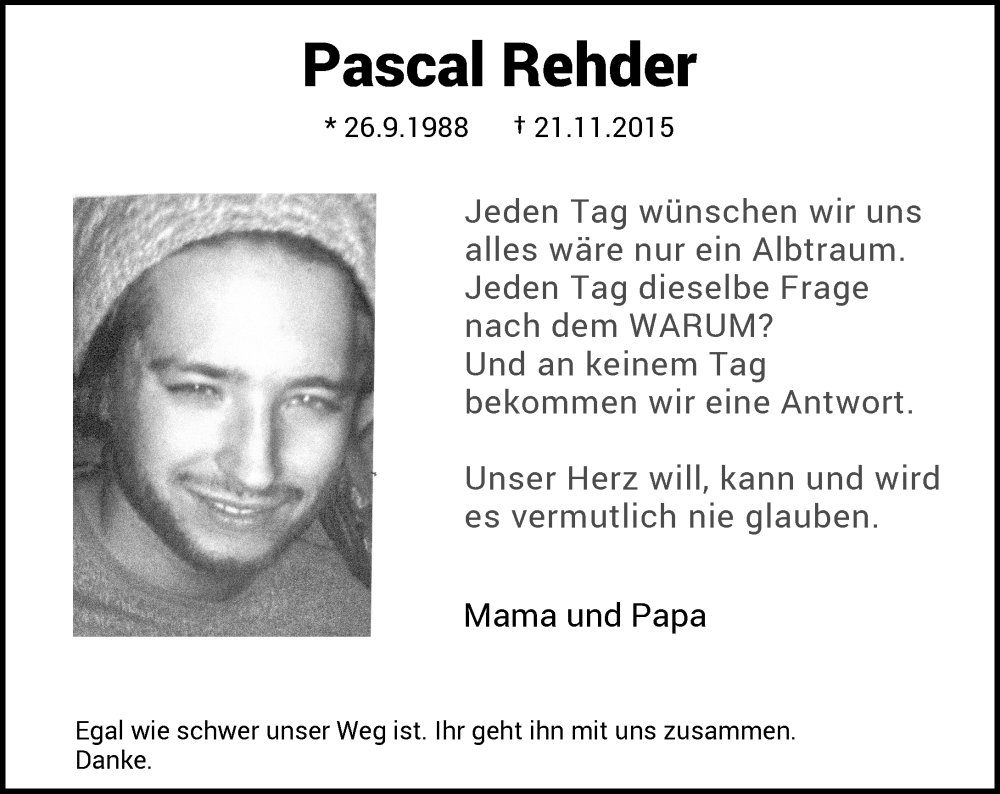 Traueranzeige für Pascal Rehder vom 19.11.2022 aus Rheinische Post