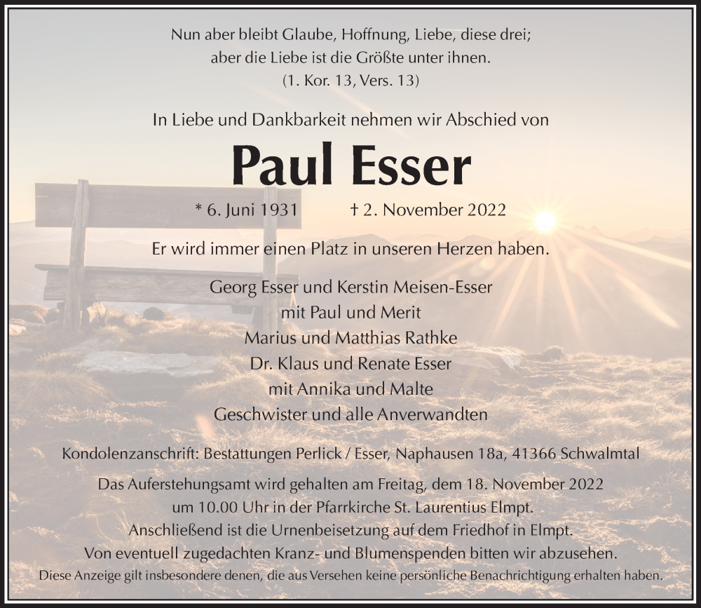  Traueranzeige für Paul Esser vom 12.11.2022 aus Rheinische Post