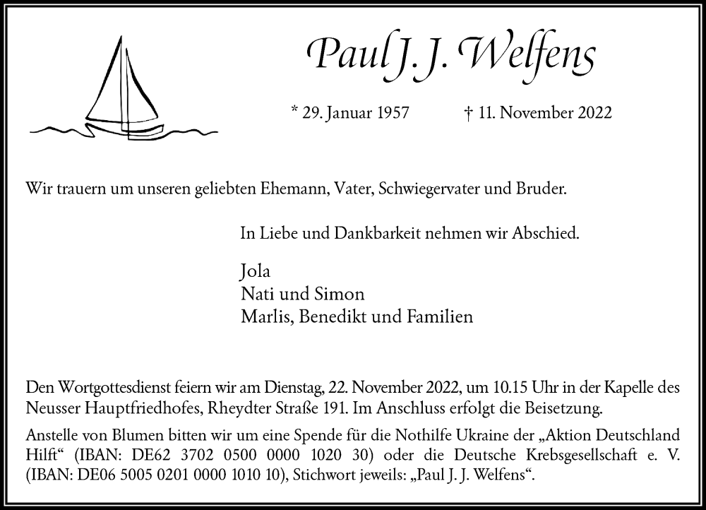  Traueranzeige für Paul J. J. Welfens vom 17.11.2022 aus Rheinische Post
