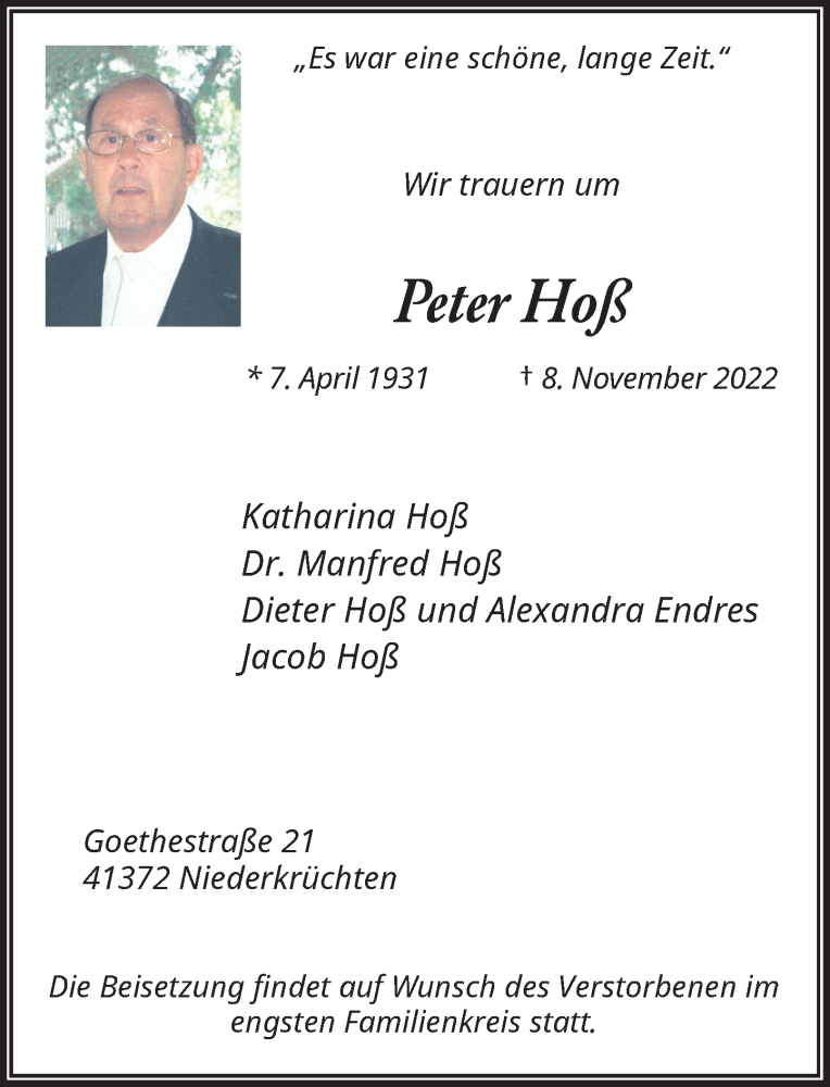  Traueranzeige für Peter Hoß vom 19.11.2022 aus Rheinische Post