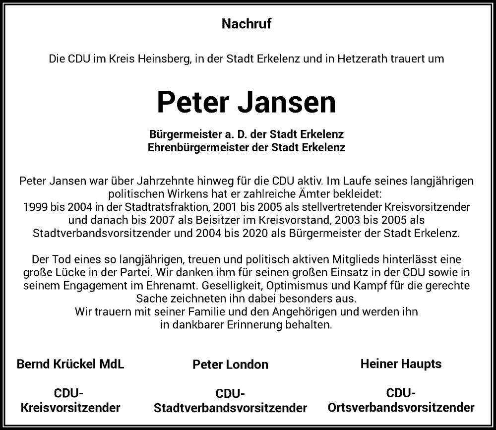  Traueranzeige für Peter Jansen vom 26.11.2022 aus Rheinische Post