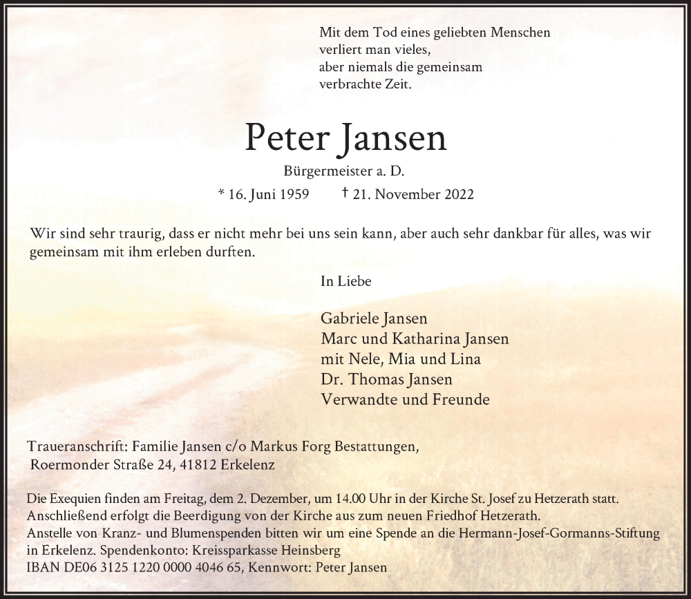  Traueranzeige für Peter Jansen vom 26.11.2022 aus Rheinische Post