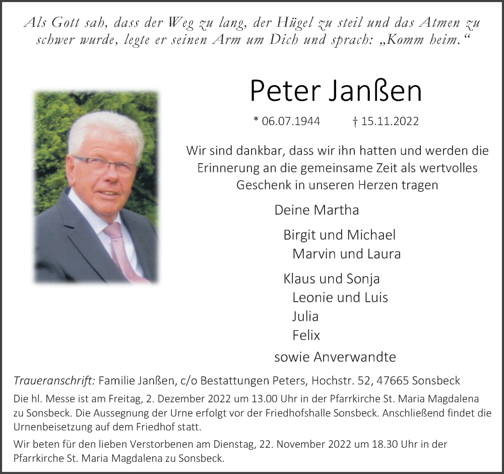  Traueranzeige für Peter Janßen vom 19.11.2022 aus Rheinische Post