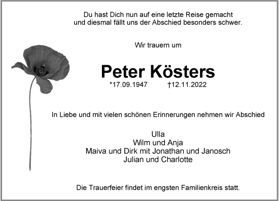 Traueranzeige von Peter Kösters von Rheinische Post