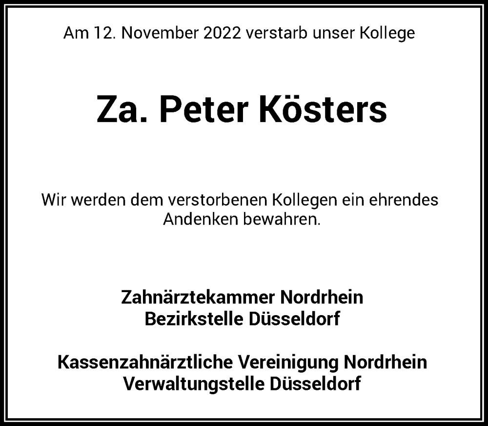  Traueranzeige für Peter Kösters vom 03.12.2022 aus Rheinische Post