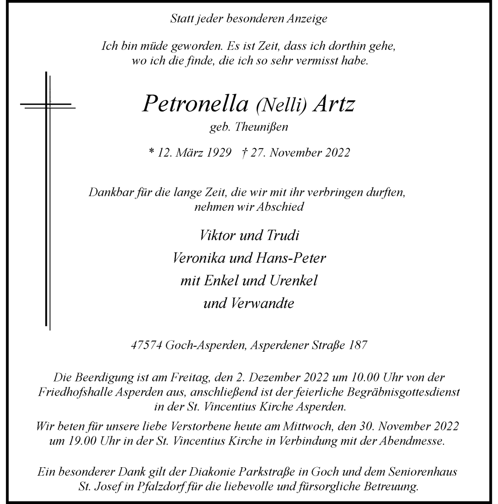  Traueranzeige für Petronella Artz vom 30.11.2022 aus Rheinische Post