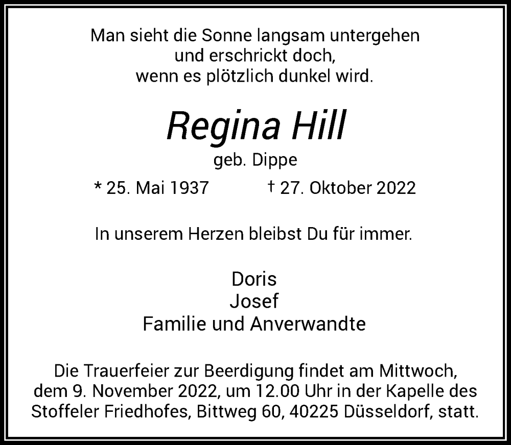  Traueranzeige für Regina Hill vom 05.11.2022 aus Rheinische Post