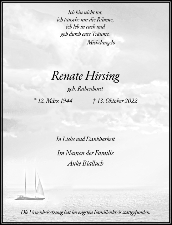 Traueranzeige von Renate Hirsing von Rheinische Post