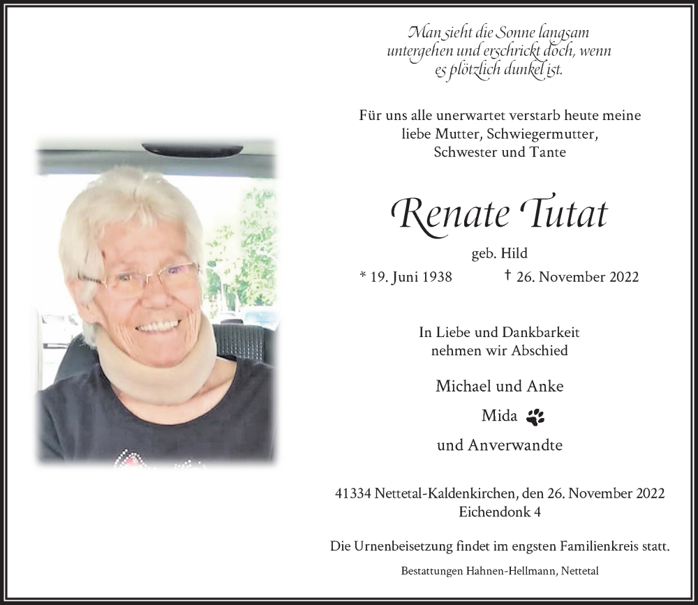  Traueranzeige für Renate Tutat vom 30.11.2022 aus Rheinische Post