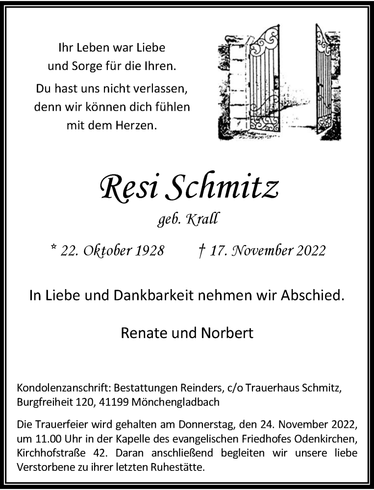  Traueranzeige für Resi Schmitz vom 19.11.2022 aus Rheinische Post
