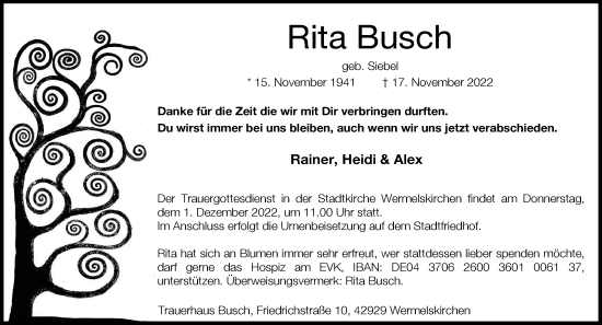 Traueranzeige von Rita Busch von Rheinische Post