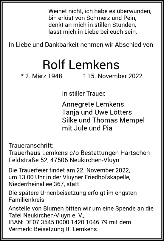 Traueranzeige von Rolf Lemkens von Rheinische Post
