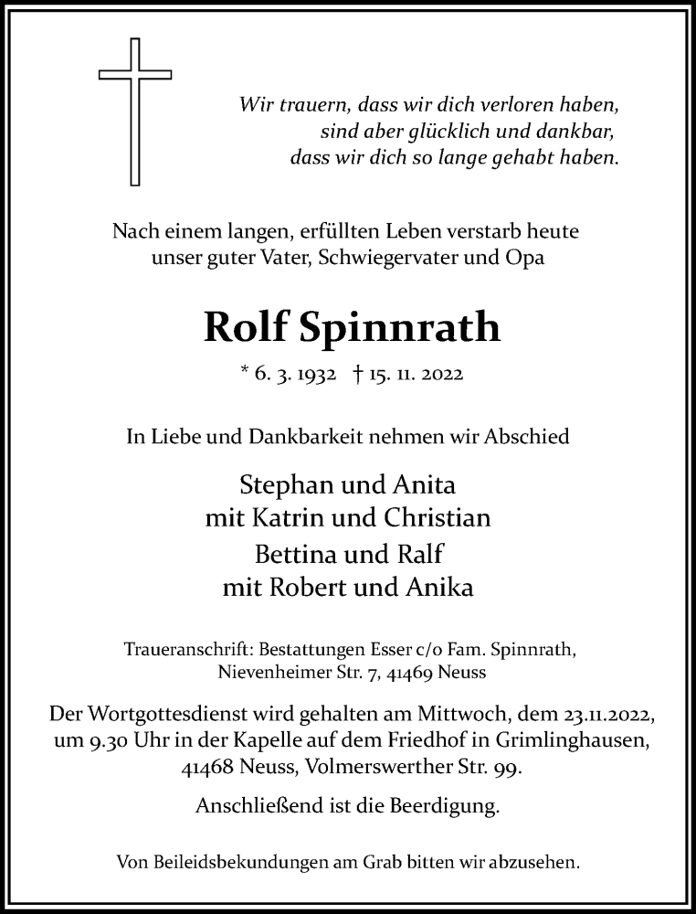  Traueranzeige für Rolf Spinnrath vom 19.11.2022 aus Rheinische Post