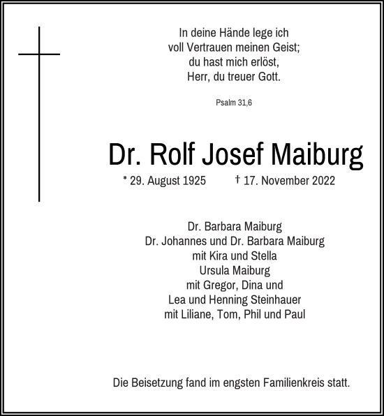 Traueranzeige von Rolf Josef Maiburg von Rheinische Post