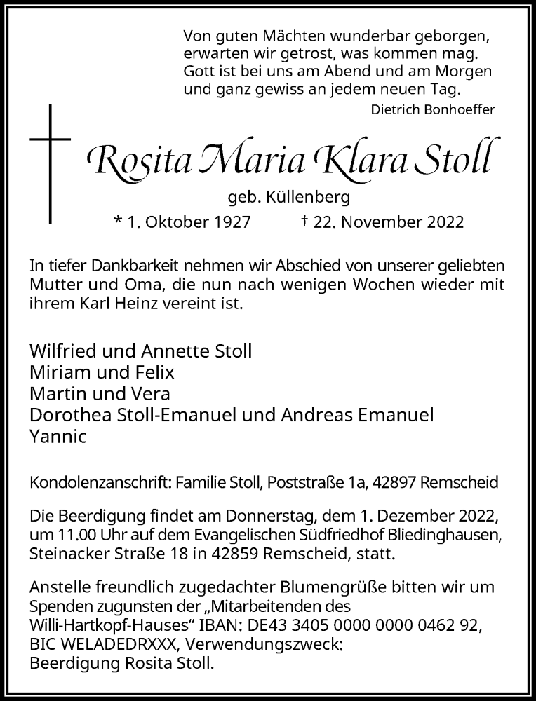 Traueranzeige für Rosita Maria Klara Stoll vom 26.11.2022 aus Rheinische Post