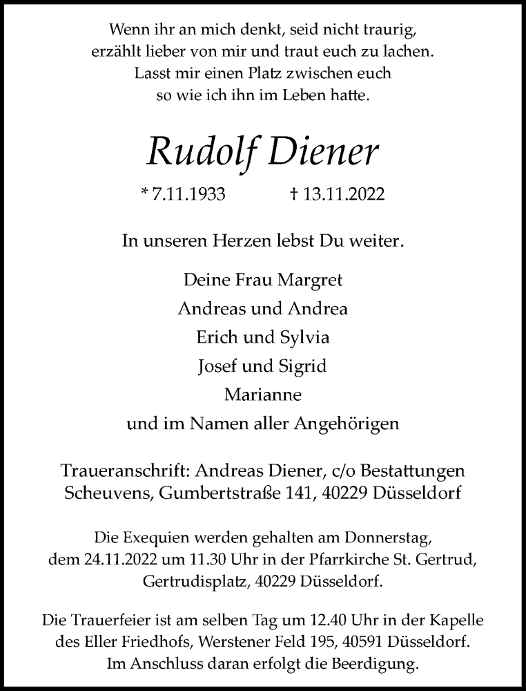  Traueranzeige für Rudolf Diener vom 19.11.2022 aus Rheinische Post