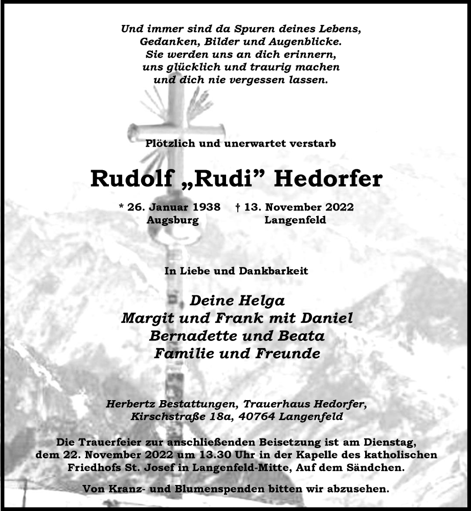  Traueranzeige für Rudolf Hedorfer vom 19.11.2022 aus Rheinische Post
