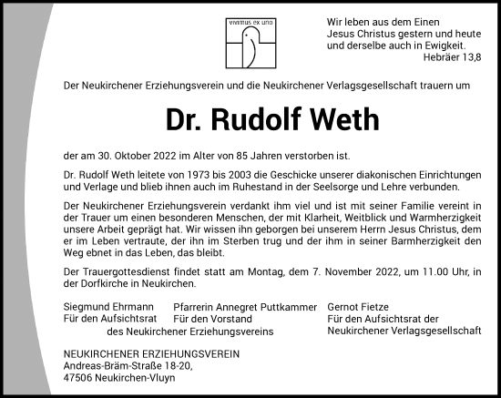 Traueranzeige von Rudolf Weth von Rheinische Post