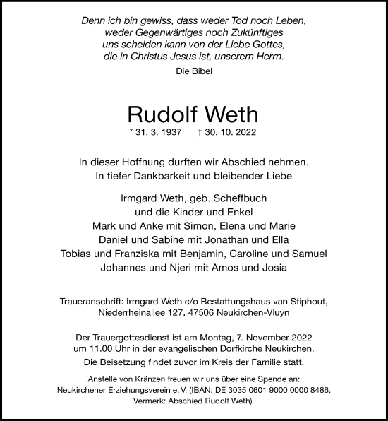 Traueranzeige von Rudolf Weth von Rheinische Post
