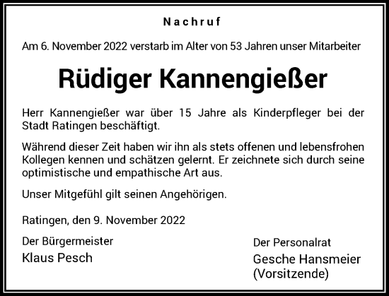 Traueranzeige von Rüdiger Kannengießer von Rheinische Post