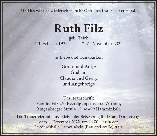 Traueranzeige von Ruth Filz von Rheinische Post