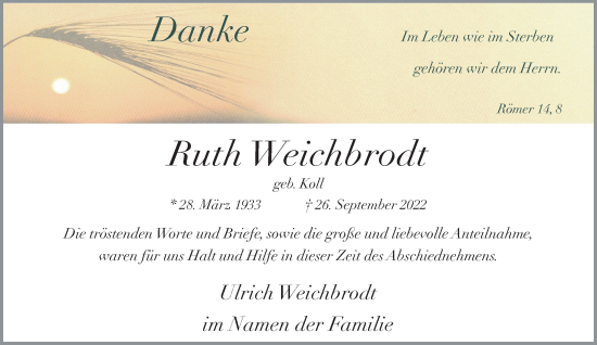 Traueranzeige von Ruth Weichbrodt von Rheinische Post